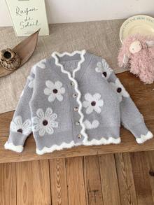 SHEIN Young Girls' Fashion Design Cute And Elegant Lady Gray Long-Sleeve Floral Patterned Casual Knitted Sweater, Suitable For Autumn And Winter Wear, Appropriate For Both Indoor And Outdoor Settings, Warm And Fashionable, Simple Style, Suitable For Indoor, Outdoor, Daily Wear, Sports, Playing, Parties, Photography, Vacations, And Holiday Occasions.