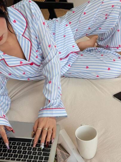 Multi Pajama Set, Blauw Button Up Long Sleeve Top Pocket Heart Print Gestreepte Pants Fall Clothes Cozy Elegante view 4