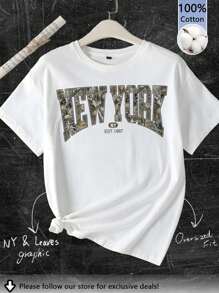 Tseoso 100% 纯棉超大休闲简约复古纽约与树叶图案圆领短袖 T 恤，适合女性、Y2K、复古、街头服饰、嘻哈、夏季出游、外出、返校、派对、毕业 - 白色 - 查看 1