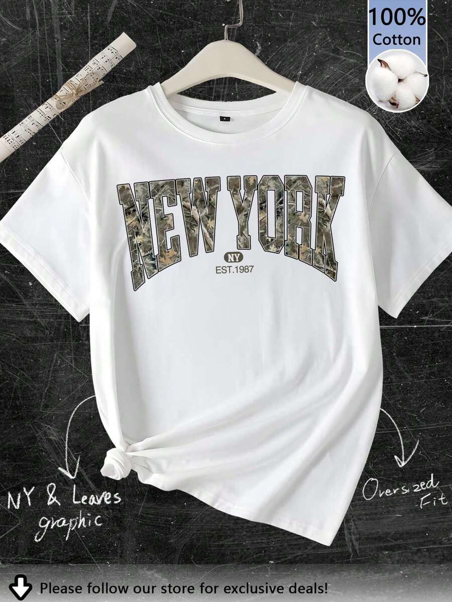 Tseoso 100% 纯棉超大休闲简约复古纽约与树叶图案圆领短袖 T 恤，适合女性、Y2K、复古、街头服饰、嘻哈、夏季出游、外出、返校、派对、毕业 - 白色 - 查看 1