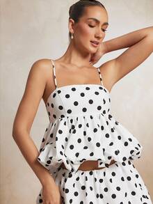 L'Amorae Women Polka Dot Bubble Hem Spaghetti Top, Casual Wedding Date Night Brunch