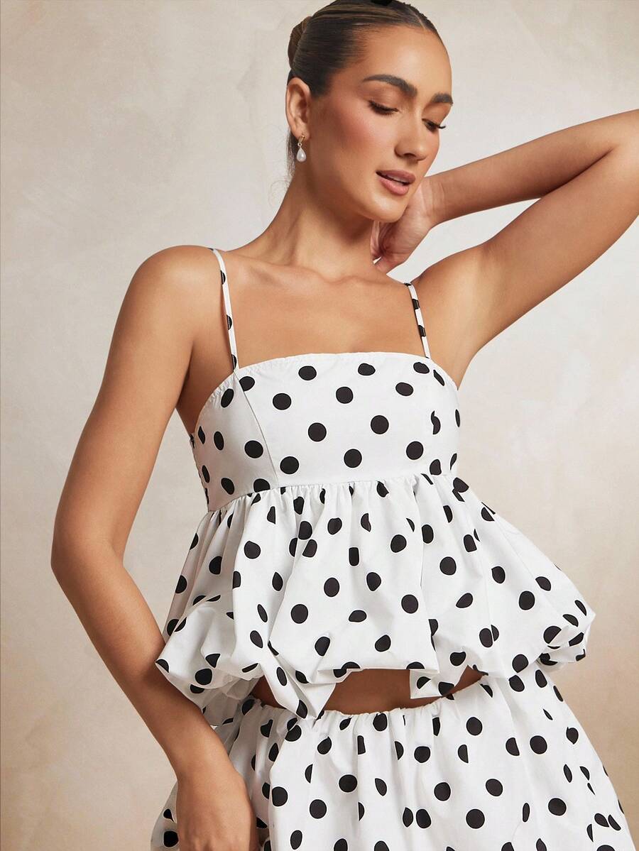 L'Amorae Women Polka Dot Bubble Hem Spaghetti Top, Casual Wedding Date Night Brunch