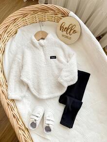 Baby Girl Fluffy White Sweatshirt And Pants Set, Versatile For Autumn/Winter Fall