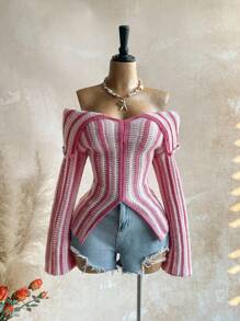 Soleia 女式条纹露肩喇叭袖开衩下摆针织毛衣 - 粉色 - 查看 1