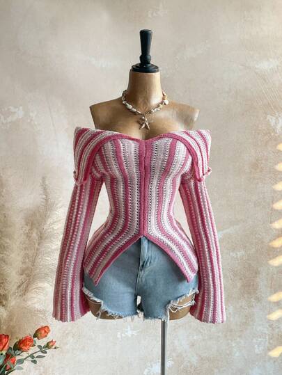 Soleia Off The Shoulder Sweater Long Sleeves Fall Clothes For Women Casual Women Outfits Women's Striped Off Shoulder Flare Sleeve Slit Hem Knit Sweater,