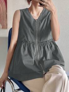 FRIFUL 女式 V 领无袖拉链拼接荷叶边下摆休闲宽松百搭背心 - 深灰色 - 查看 6