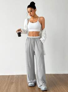 Dewbera Pantalon de yoga large avec poches pour femmes, design minimaliste - Gris - Voir 3