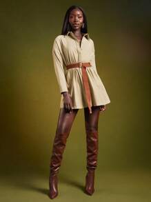 NYA SZN Dress Long Sleeve Button Up Collar Belt Buckle Detail Mini Length Outfits For Women - Green - View 2