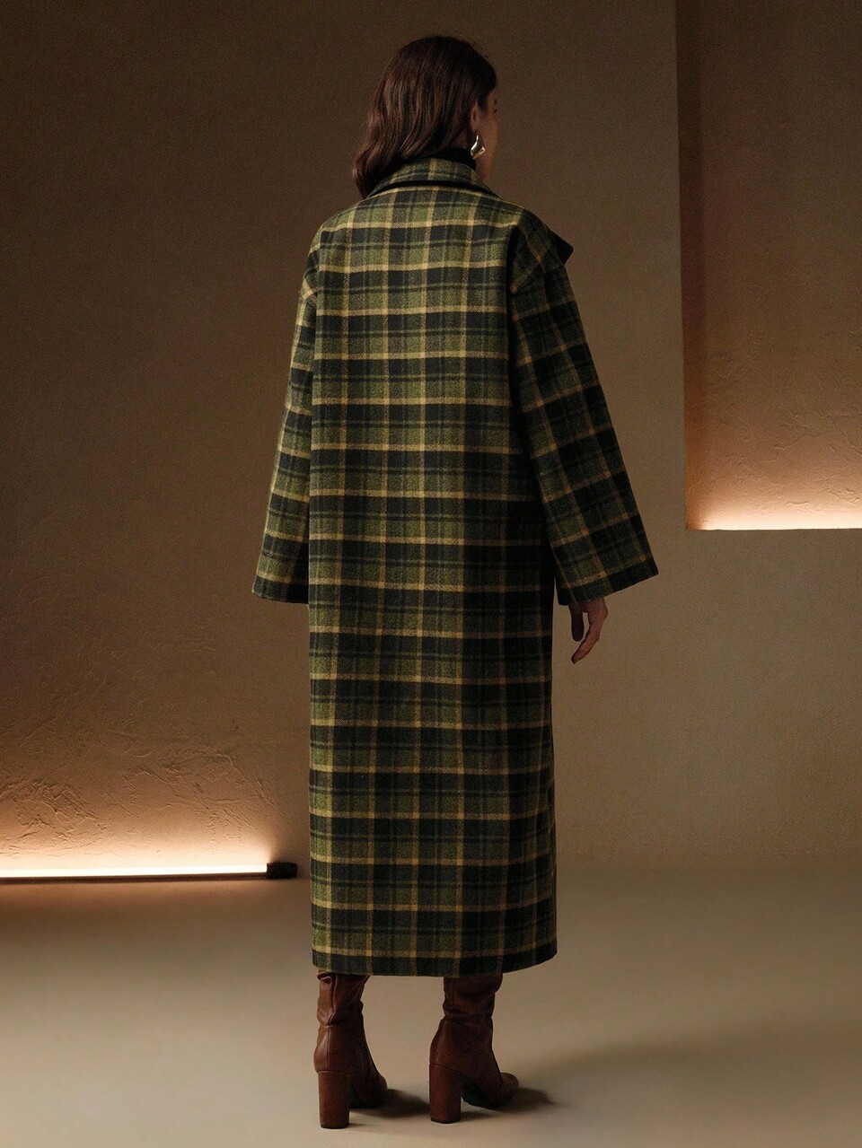 Women's Elegant Classic Vintage Plaid Patchwork PU Leather High Collar Long Loose Wool Coat, Suitable For Halloween, Christmas, Fashion