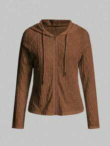 EMERY ROSE 纯色拉链抽绳连帽外套，女士春/秋休闲抽绳，拉链常规袖连帽常规版型咖啡棕色纯色女士外套，休闲日常穿着 - 咖啡棕 - 查看 3