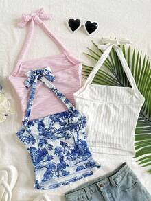 SHEIN 3件套青少年女孩休闲针织无袖挂脖背心 - 淺粉色 - 查看 2