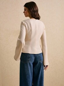 Poéselle 女士喇叭袖休闲衬衫杏色圆领长袖系带腰身通勤上衣秋季女装上衣秋季女装秋季女装冬季商务休闲女装 - 杏色 - 查看 5