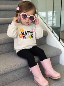 SHEIN Baby Girl Beige Autumn Casual Family Matching Happy Mood Floral Sweatshirt And Black Crisscross Leggings Set,Minimalist Round Neck Pullover Outfit - Apricot - View 10