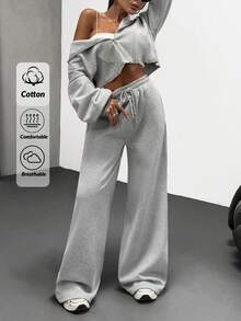 EURMUSE Casual Matching Solid Color Hoodie & Sweatpants Set - Grey - View 1