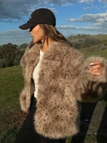 DAZY 女士动物纹长袖翻领宽松人造毛皮夹克女式外套 - 咖啡棕 - 查看 1