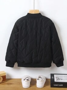 SHEIN Genkimix Kids 1 件年轻男孩休闲百搭黑色绗缝灰色羊毛菱形图案面料夹克，字母图案装饰，罗纹衣领、下摆和袖口，简约时尚个性化，适合 4-7 岁男孩日常秋冬休闲装返校 - 黑色 - 查看 2