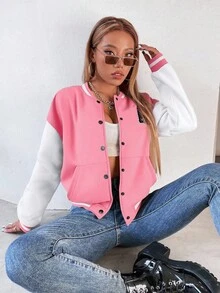 Flirla Chaqueta de estilo universitario de color contrastante para mujer, de manga larga - Rosa - Ver 5