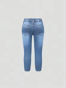 SHEIN Sparklyn Young Girl Medium Wash Blue Distressed Jeans, Fashionable Fall Winter - Medium Wash - View 5