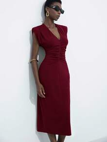 Aveloria Modichic Váy ôm dáng cổ chữ V không tay xếp ly eo thanh lịch mới, phong cách Châu Âu sang trọng và tinh tế, thích hợp cho các buổi hẹn hò - Màu Đỏ Sâu - Xem 2