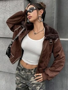SHEIN ICON Vintage Motorcycle Style Faux Fur Collar Patchwork Short Jacket Brown Jacket Women Suede Jacket In Fall/Winter - Brown - View 5