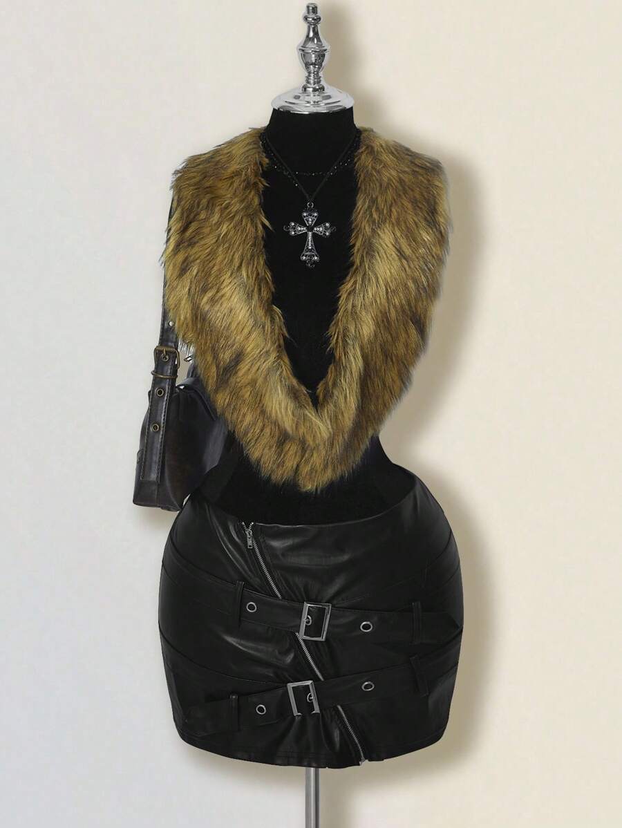 SHEIN ICON 女式时尚性感露背仿皮草上衣秋季女装