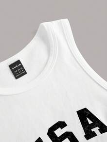 SHEIN EZwear Avslappnad minimalistisk linne med amerikansk flaggmönster och vitt rund halsringning för kvinnor, lämplig för sommarens självständighetsdag, bomullsblandning - Vitt - Visa 4