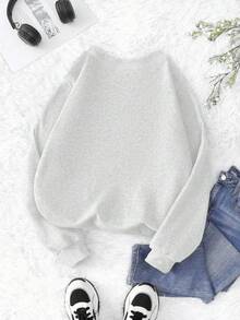 INAWLY 秋季复古撞色标语刺绣，妻子的礼物，圆领撞色刺绣图案运动衫 - 淺灰色 - 查看 2