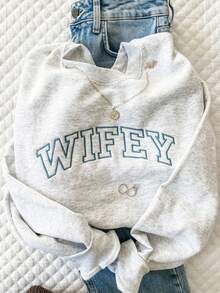 INAWLY 秋季复古撞色标语刺绣，妻子的礼物，圆领撞色刺绣图案运动衫 - 淺灰色 - 查看 3