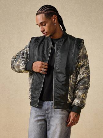 Street Life Men's Patchwork Branch Pattern Long Sleeve Zip-Up Casual Baseball Collar Winter Jacket , Fall