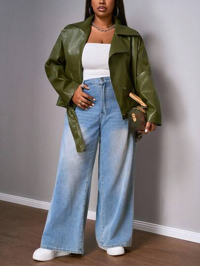 Slaydiva 2025秋冬新款大码休闲通勤个性街头性感日常工作办公室优雅纯色军绿色系带机车夹克，女士秋季款