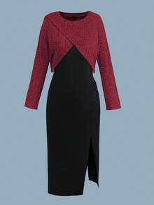 Flirla Conjunto de 2 piezas de talla grande con top asimétrico acanalado + vestido con tirantes finos, plisado y abertura en contraste de color, para otoño/invierno - Multicolor - Ver 5