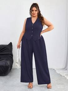 SHEIN CURVE+ Bộ vest + quần dài/áo phông họa tiết cho kỳ nghỉ thường ngày cỡ lớn, mùa tốt nghiệp, trở lại trường - Màu xanh hải quân - Xem 5