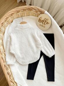 Baby Girl Fluffy White Sweatshirt And Pants Set, Versatile For Autumn/Winter Fall