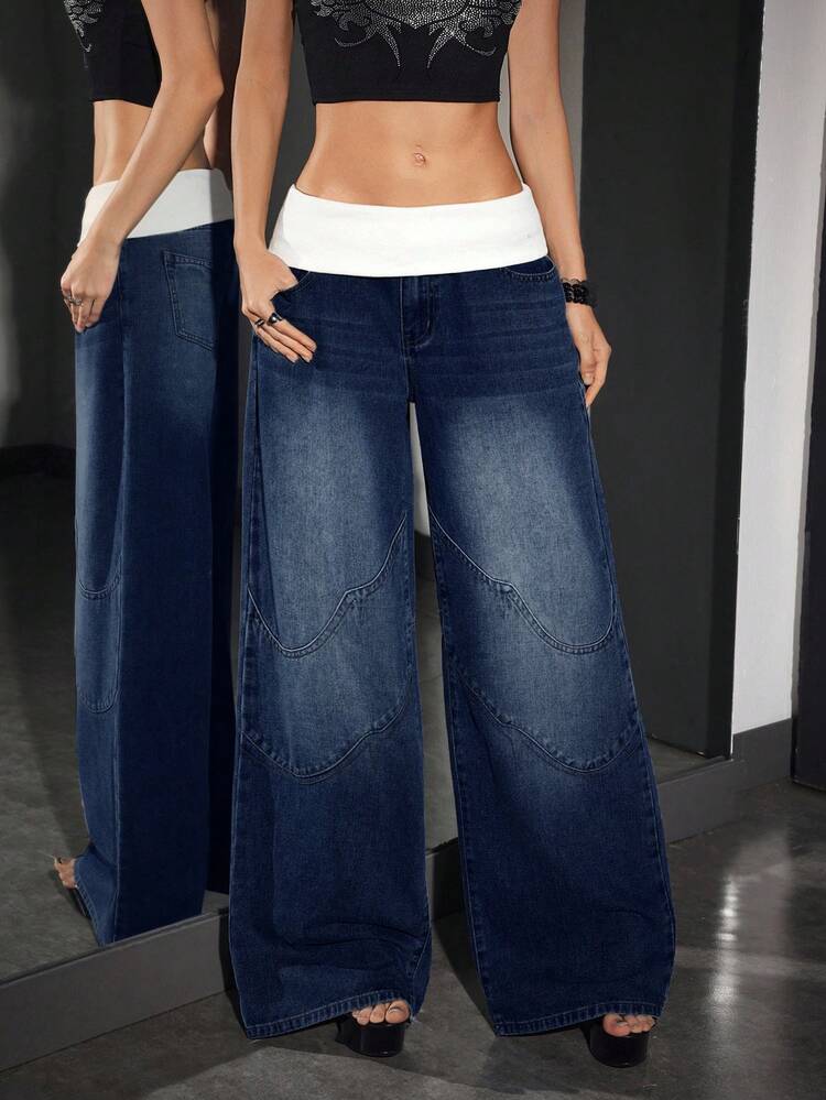 Jeanoix Women's Loose Casual Versatile Ultra Low Waist Wide Leg Jeans - Dark Wash - View 4