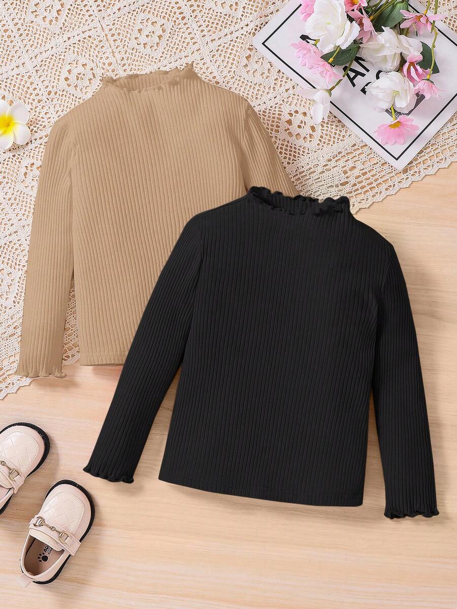 SHEIN 年轻女孩最便宜买 1 送 1 2 件/套休闲基本百搭波浪边立领长袖纯色上衣 2 件/套,秋冬,非常适合休闲和日常穿着和学校日常,学院风格,返校,派对 - 黑色 - 查看 1