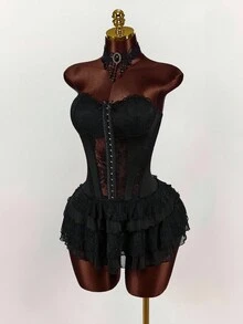 Amplova Váy ngắn hở vai nhiều lớp phối ren đen, váy mùa hè dành cho nữ - màu đen - Xem 1