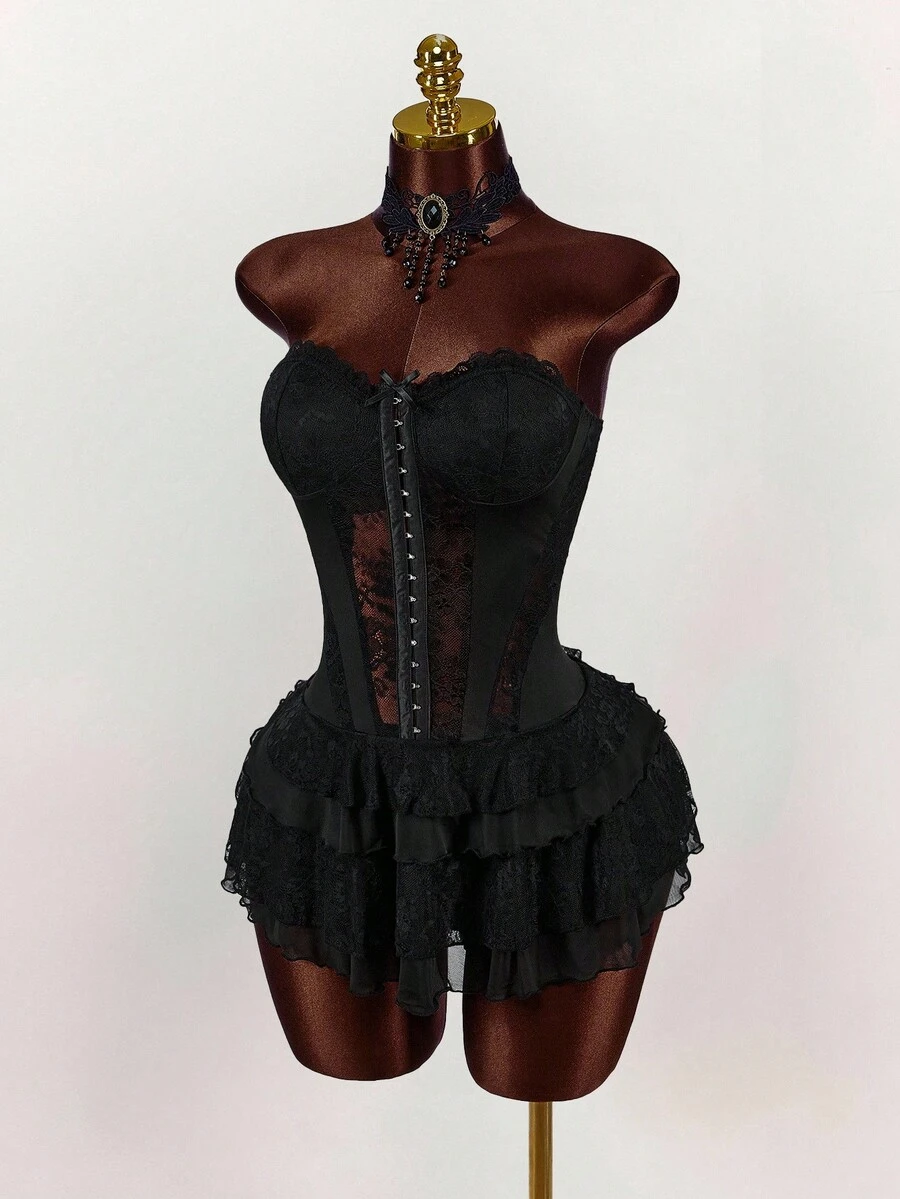 Amplova Váy ngắn hở vai nhiều lớp phối ren đen, váy mùa hè dành cho nữ - màu đen - Xem 1