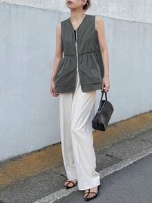 FRIFUL 女式 V 领无袖拉链拼接荷叶边下摆休闲宽松百搭背心 - 深灰色 - 查看 2