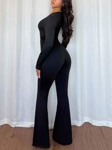 Rafferiza 欧美风格休闲金属装饰腰部收紧长袖性感黑色高弹力女式连体裤 - 黑色 - 查看 2