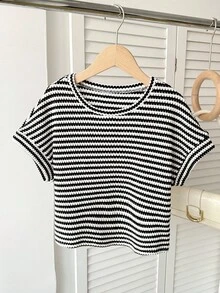 SHEIN 青少年女孩提花纹理针织面料宽松落肩短袖T恤 - 黑與白 - 查看 3