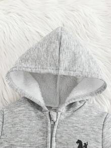 SHEIN Bộ áo liền quần dệt kim giữ nhiệt màu xám cho bé trai, dáng rộng, có mũ, tay dài, in họa tiết, khóa kéo, dễ phối đồ, dày dặn, thích hợp mặc trong nhà và ngoài trời, mùa thu/đông. - Xám - Xem 7