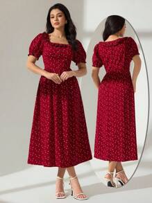 Modelyn 女士方领荷叶边腰短款泡泡袖波点中长连衣裙，酒红色 - 酒紅色 - 查看 4