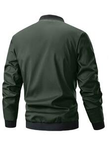 Manfinity Homme 男士休闲拉链棒球夹克，长袖秋季绿色休闲轻便飞行员夹克，秋季 - 墨綠色 - 查看 2