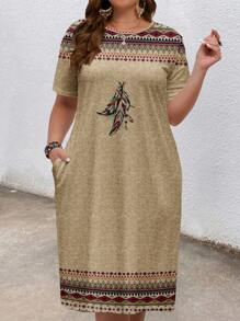 EMERY ROSE Plus Size Feather Print Vacation Dress, Suitable For Summer,Beach Dress Sundress,Holiday Outfits Boho Suitable For Going Out Chic Dress,Spring - Apricot - View 6