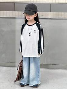 DAZY 少女圆领插肩袖韩版蝴蝶结T恤秋冬 - 黑與白 - 查看 1