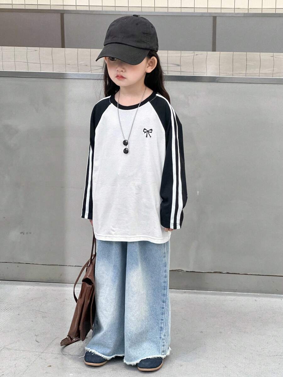 DAZY 少女圆领插肩袖韩版蝴蝶结T恤秋冬 - 黑與白 - 查看 1