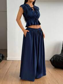 SHEIN PETITE Women's Solid Color Tie Front Ruffle Hem Top And Skirt 2 Pieces Set ,Petite Women - Navy Blue - View 6