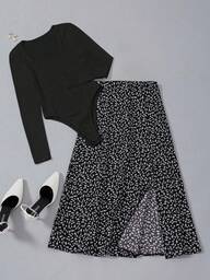 EMERY ROSE Set de 2 piezas: Body de unicolor casual y falda con abertura con estampado floral diminuto, otoño