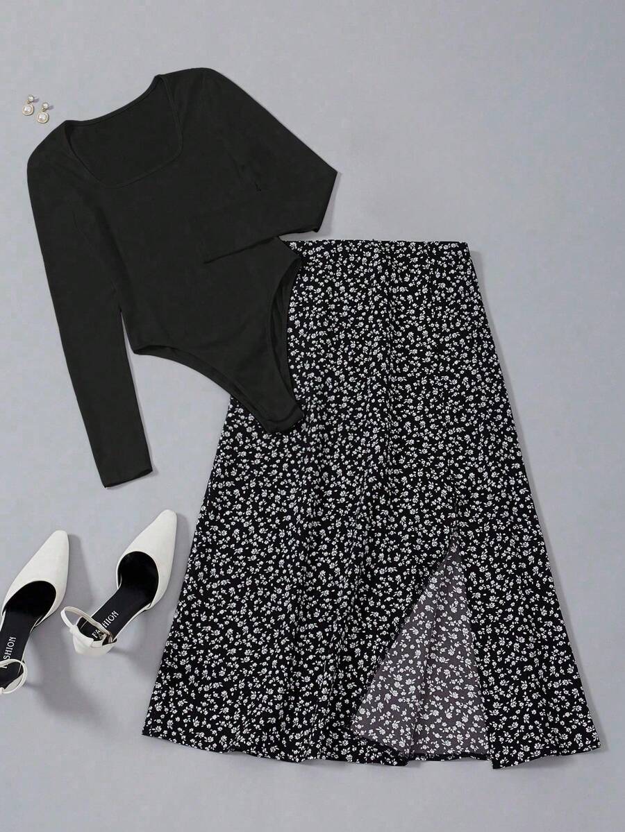 EMERY ROSE 2pcs Set: Casual Solid Color Bodysuit & Ditsy Floral Split Skirt, Autumn Fall Cloth For Women - Black - View 1