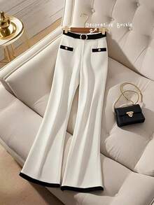 SHEIN Clasi 女士撞色镶边简约时尚西装裤，适合夏季 - 白色 - 查看 1